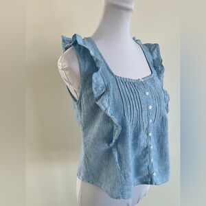 GENTLE FAWN Sylvie Sleeveless Delicate Ruffle Top Pintuck Striped Linen Blend